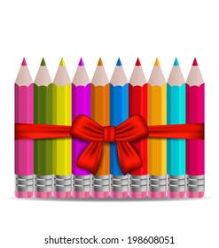 Illustration set colorful pencils decorated by bow on white background - vector