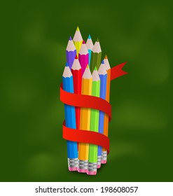 Illustration set colorful pencils with ribbon - vector