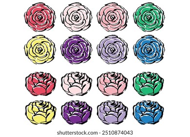 Illustration set of colorful rose with brush touch