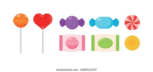 Illustration of a set of colorful and variously shaped lollipops and candies.