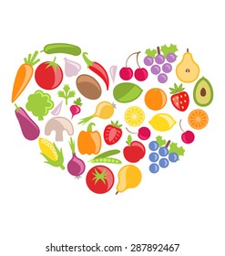 Illustration Set Colorful Vegetables and Fruits in Heart Shape - Vector