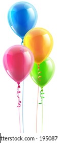 An illustration of a set of colourful birthday or party balloons and ribbons