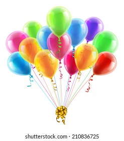 An illustration of a set of colourful birthday or party balloons with ribbons tied together with a big gold bow