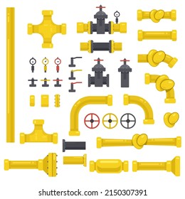 Illustration set of communication pipes components. Suitable for designating a gas pipeline, sewerage, water supply. Isolated objects on a white background. Simple concise style.