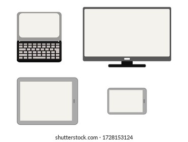 Illustration set of computer, smartphone, laptop, and tablet.
