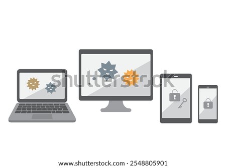 Illustration set of computer, tablet, smartphone and virus