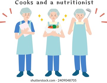 Ilustración de cocineros y nutricionista - sin contorno.El fondo es transparente.