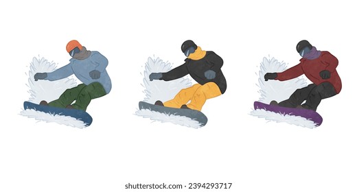 Illustration set of cool people snowboarding