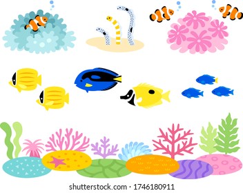 Illustration set of coral reef and tropical fish