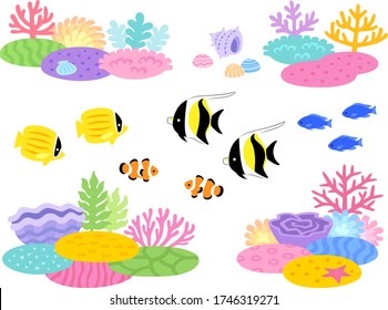 Illustration set of coral reef and tropical fish