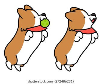 Un conjunto de ilustración de un Corgi saltando para atrapar una pelota.