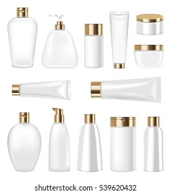 Illustration Set Cosmetic Plastic Bottle and Tube Isolated on White Background. Collection Container for Soap, Gel, Lotion, Mask, Shampoo, Bath Foam - Vector