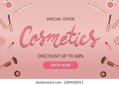 Illustration of a set of cosmetics - lipstick, blushes, mascara, makeup brush. Web page banner template, cute illustration