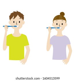 Illustration set of a couple brushing teeth