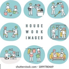 Illustration set of couples doing housework