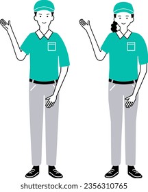 Illustration set of courier delivery staff raising their right hand（male and female).the background is transparent.