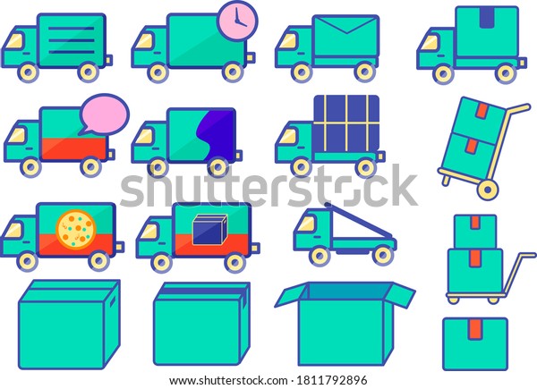 Illustration set\
of courier truck and cardboard\
box