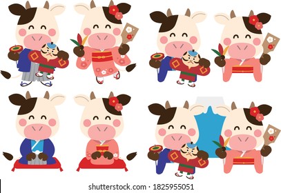 Illustration set of cows playing New Year