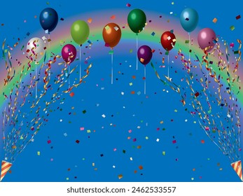Illustration set of crackers, balloons and rainbow