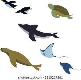 Illustration set of creatures living in an aquarium