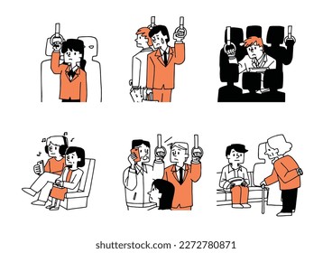Illustration set of crimes and nuisances on trains and buses