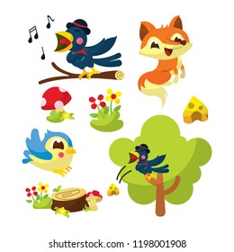 Illustration set of The Crow and The Fox Character Storybook