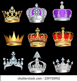 illustration set of crowns with precious stones on a black background