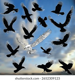 ilustração com conjunto de corvos no fundo do céu azul
