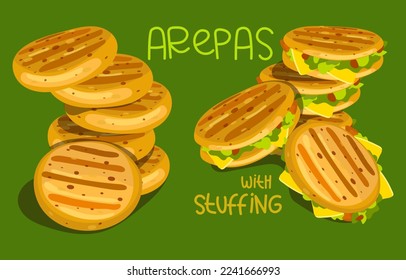 Illustration of a set of Cuban arepas buns with and without filling. Latin American food with a signature. Local hamburger, pastries. Vector for use in restaurant menus, marketing, banner, flyer