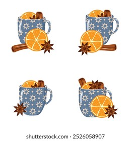 Illustrationssatz mit Tassen Glühwein mit Orange, Zimt, Anis gemütlich Herbst oder Winter Vektorgrafik Heißgetränk Weihnachtsstimmung 