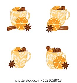 Illustrationssatz mit Tassen Glühwein mit Orange, Zimt, Anis gemütlich Herbst oder Winter Vektorgrafik Heißgetränk Weihnachtsstimmung 