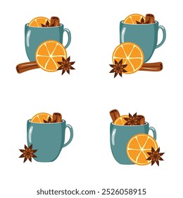 Illustrationssatz mit Tassen Glühwein mit Orange, Zimt, Anis gemütlich Herbst oder Winter Vektorgrafik Heißgetränk Weihnachtsstimmung 