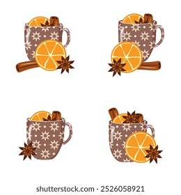 Illustrationssatz mit Tassen Glühwein mit Orange, Zimt, Anis gemütlich Herbst oder Winter Vektorgrafik Heißgetränk Weihnachtsstimmung 