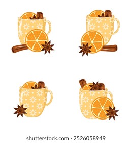 Illustrationssatz mit Tassen Glühwein mit Orange, Zimt, Anis gemütlich Herbst oder Winter Vektorgrafik Heißgetränk Weihnachtsstimmung 