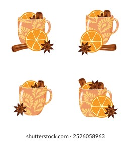 Illustrationssatz mit Tassen Glühwein mit Orange, Zimt, Anis gemütlich Herbst oder Winter Vektorgrafik Heißgetränk Weihnachtsstimmung 