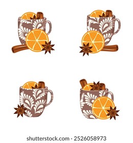 Illustrationssatz mit Tassen Glühwein mit Orange, Zimt, Anis gemütlich Herbst oder Winter Vektorgrafik Heißgetränk Weihnachtsstimmung 