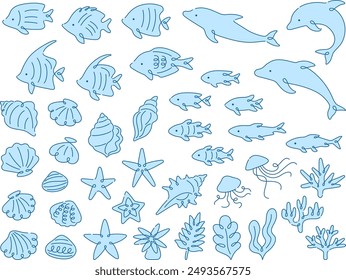 Illustration set with curly line drawings of light blue sea creatures