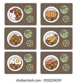 Illustration set of curry rice set meal.