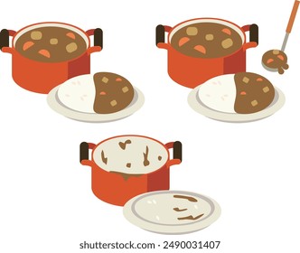 
Illustration set of curry rice in a pot and after-meal pot and plate