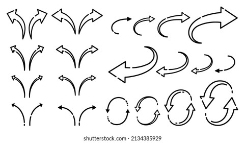 Illustration set of curved arrows drawn in lines (monochrome)