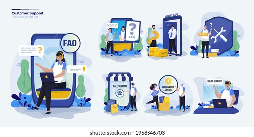 Illustration set of customer services support for contact or FAQ website page, Question answer illustration set concept