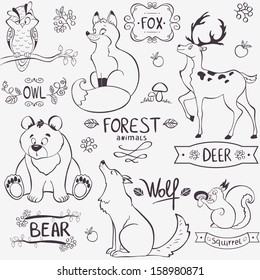 Illustration set of cute animals of the forest with design names