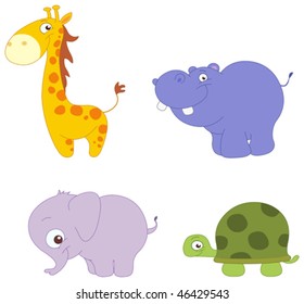 Illustration Set of cute animals: giraffe, hippopotamus, elephant and turtle