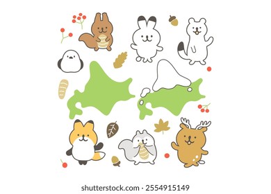 Illustration set of cute animals living in Hokkaido