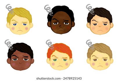 Illustration set of cute boys from around the world with troubled faces