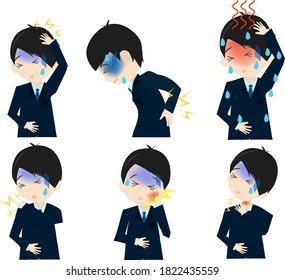 Illustration set of a cute businessman who is in poor physical condition