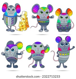 Illustration with a set of cute cartoon mice, animals isolated on a white background