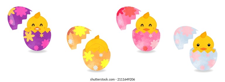 Illustration set of cute chicks born from eggs