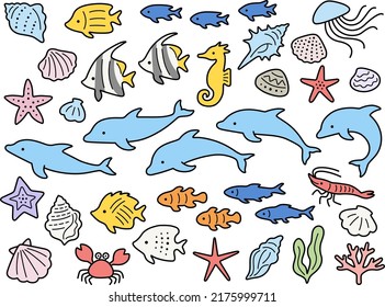 Illustration set of cute dolphins, tropical fish and various sea creatures