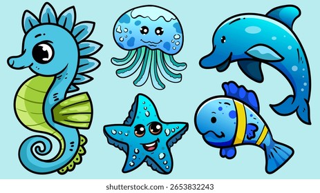 illustration set of cute doodle underwater animal seahorse, Jellyfish, Blowfish, Starfish for digital stamp,greeting card,sticker,icon,summer design